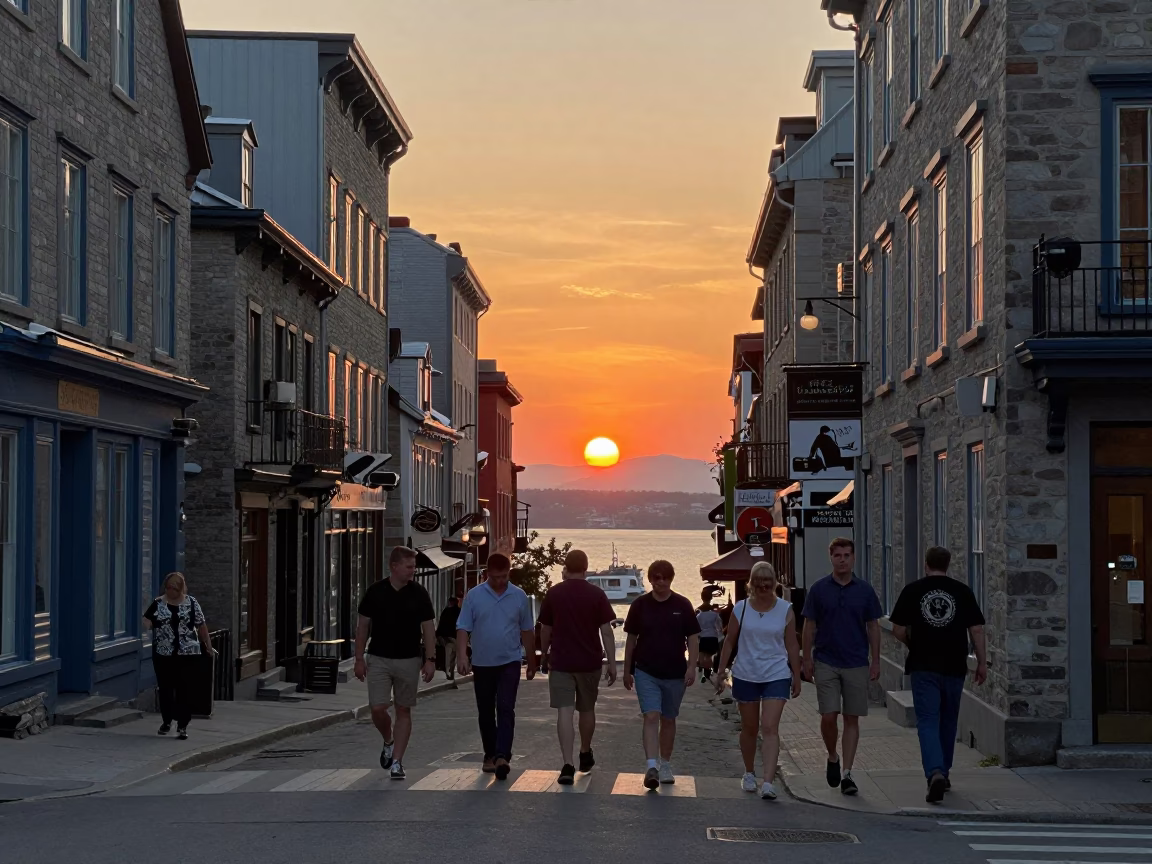 Quebec City Street Scene at As The Sun Drops Toward The Horizon in in Quebec City, Quebec, Canada