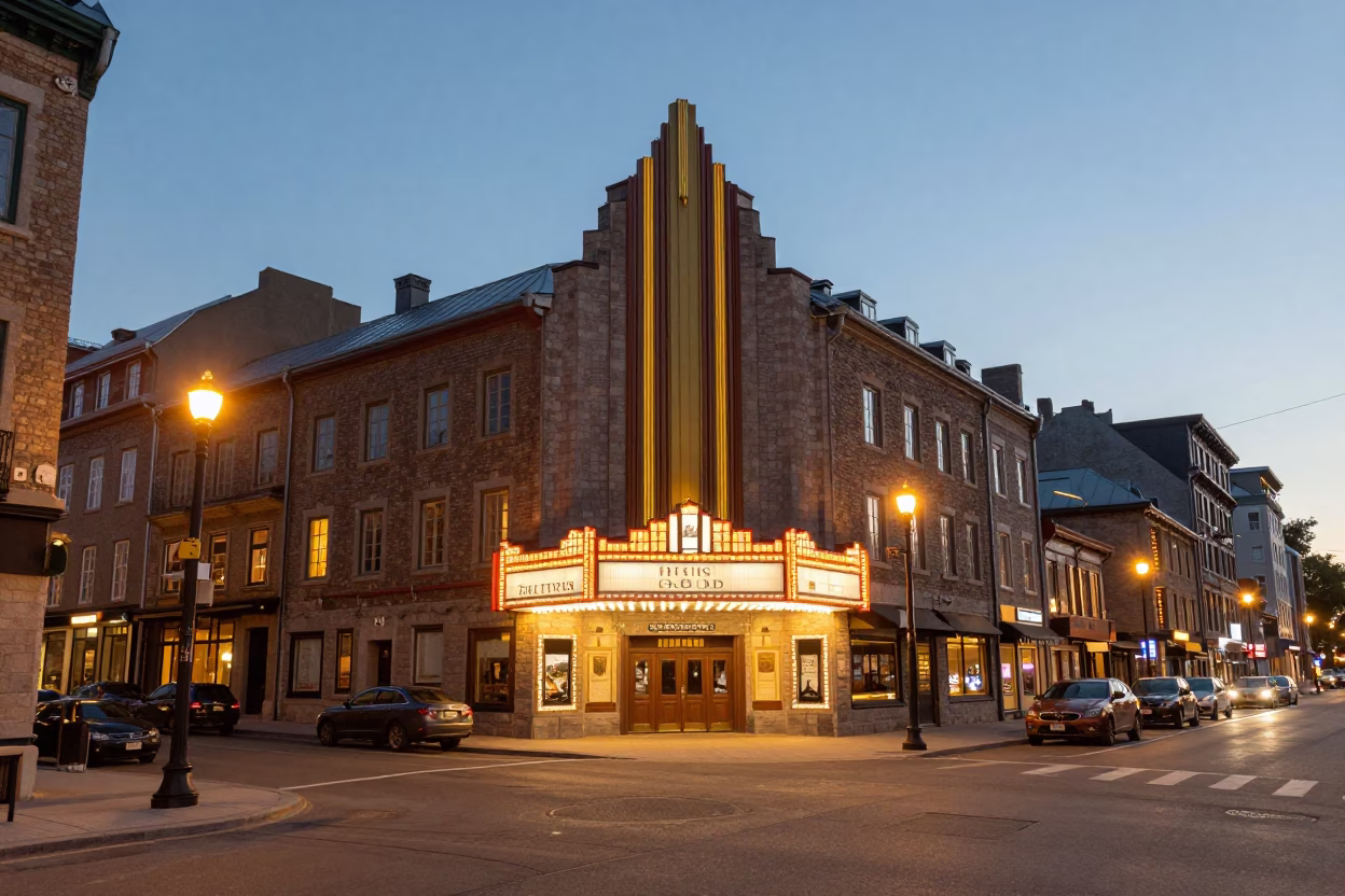 Quebec City street scene at dusk with art deco cinema facade and local pedestrians in in Quebec City, Quebec, Canada