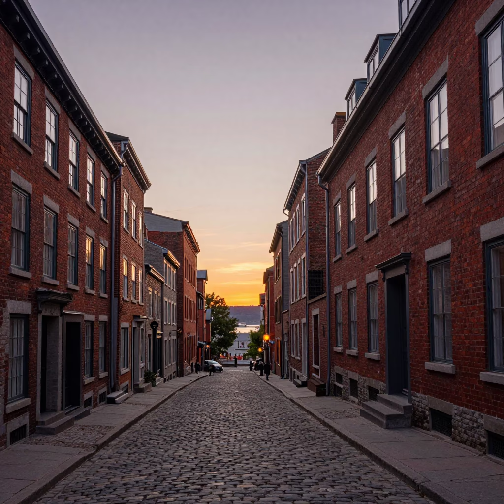 Quebec City Street Scene at Dusk with Red Brick Buildings and Pedestrians in in Quebec City, Quebec, Canada