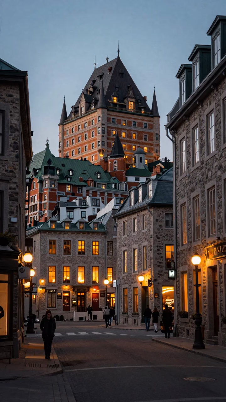 Quebec City Street Scene at Dusk with Warm Glowing Windows and Historic Stone Architecture in in Quebec City, Quebec, Canada