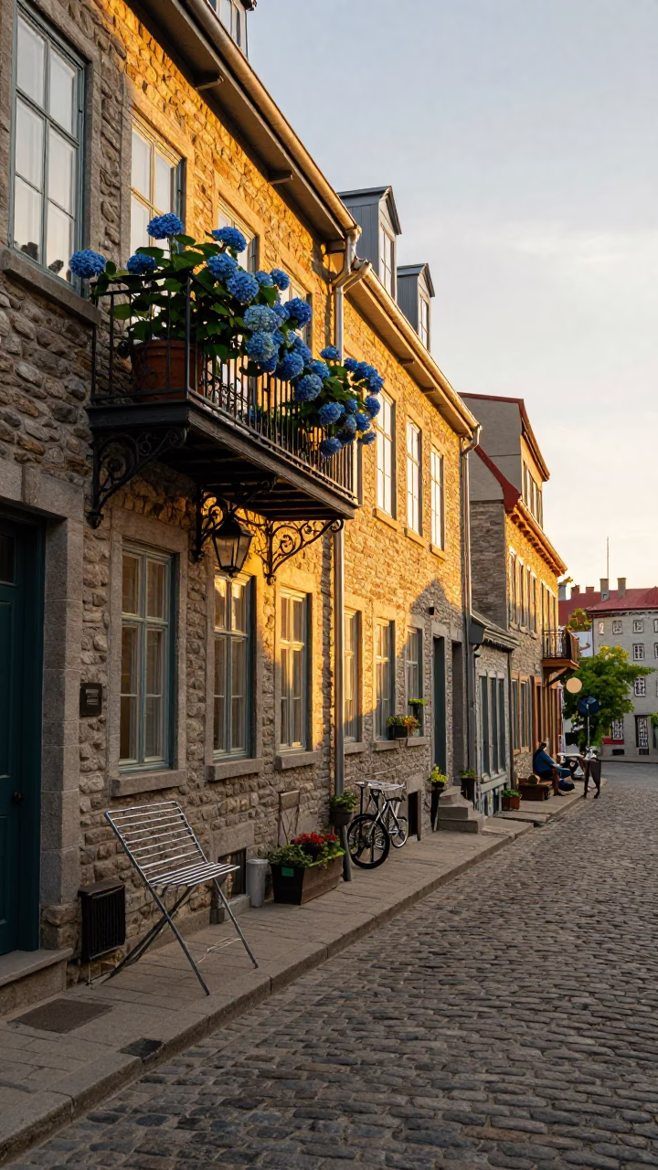 Quebec City Street Scene at Honeyed Evening Light in in Quebec City, Quebec, Canada