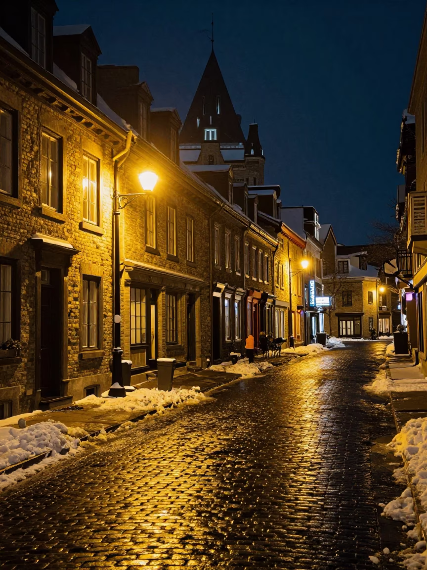 Quebec City Street Scene at Late At Night Light in in Quebec City, Quebec, Canada