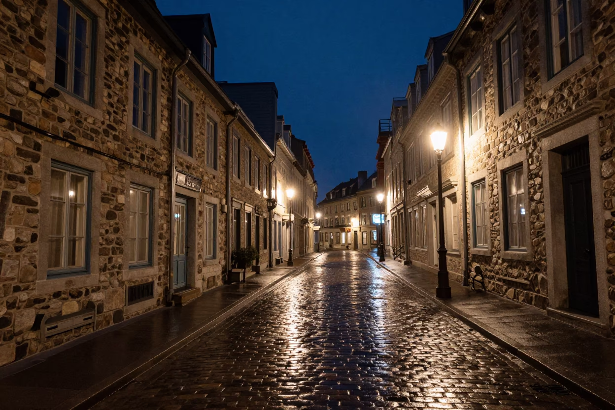 Quebec City Street Scene at Late At Night Light in in Quebec City, Quebec, Canada