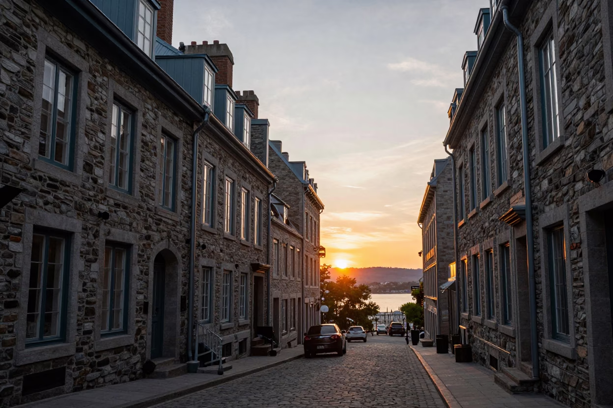 Quebec City street scene at sunset with historic stone architecture and bustling cafe atmosphere in in Quebec City, Quebec, Canada