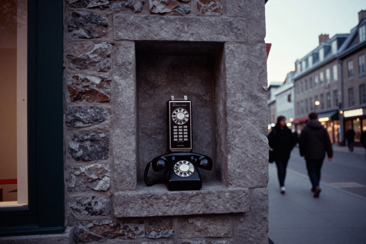 Quebec City Street Scene Early Evening with Vintage Bakelite Telephone on Hotel Reception Desk in in Quebec City, Quebec, Canada
