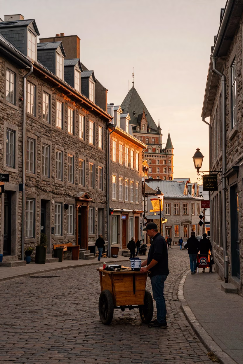 Quebec City Street Scene in Copper-Toned Light Before Dusk with Local Interaction in in Quebec City, Quebec, Canada