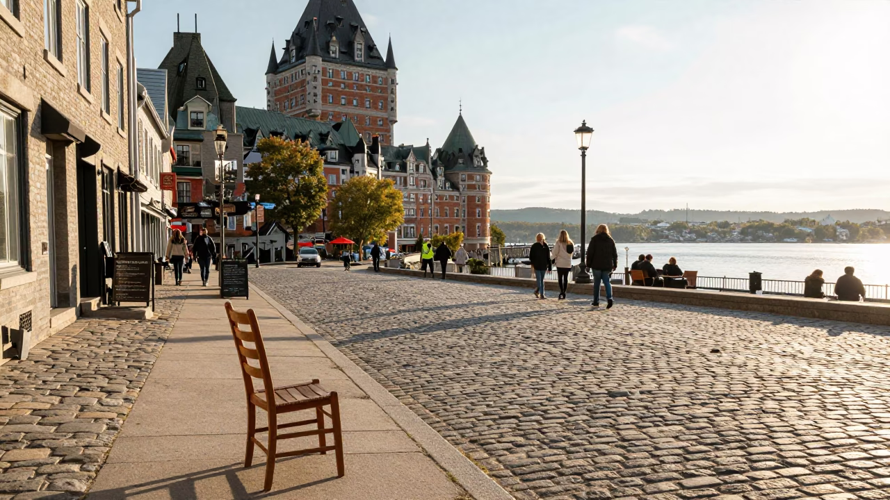 Quebec City Street Scene Just After Sunrise with Chair and Urban Details in in Quebec City, Quebec, Canada