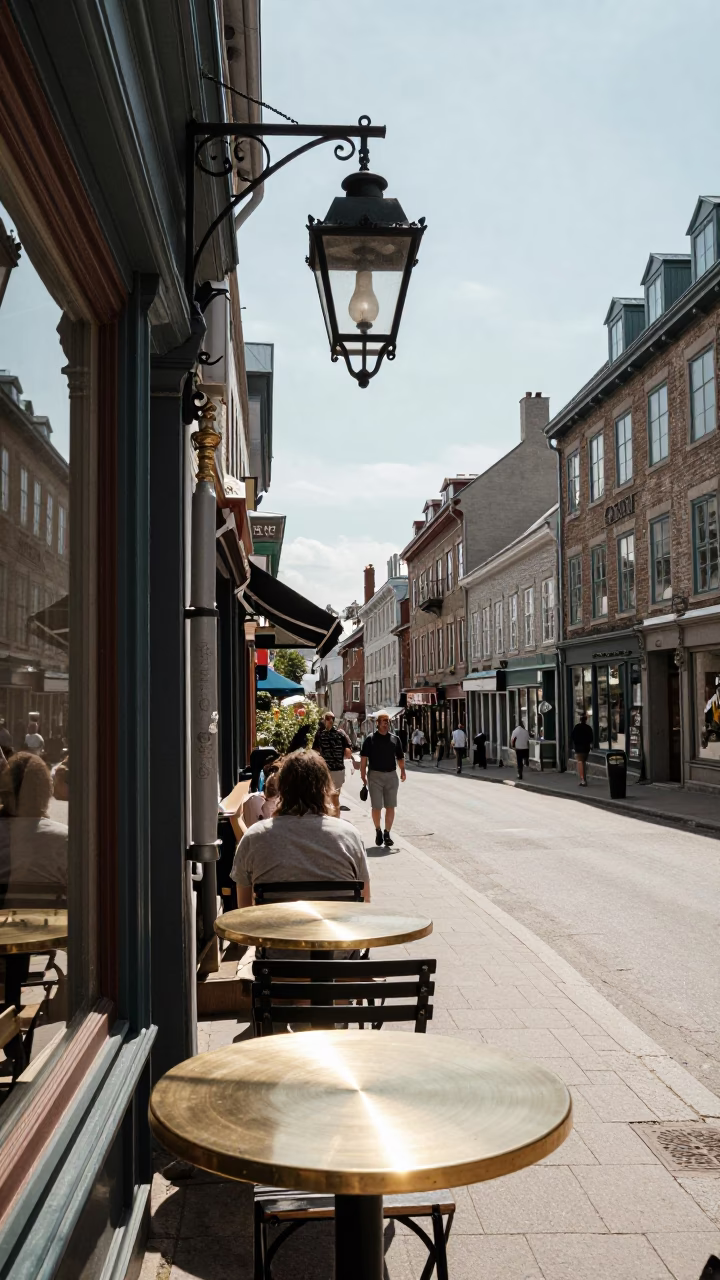 Quebec City Street Scene with Lantern and Polished Brass Tabletop at Noon in in Quebec City, Quebec, Canada