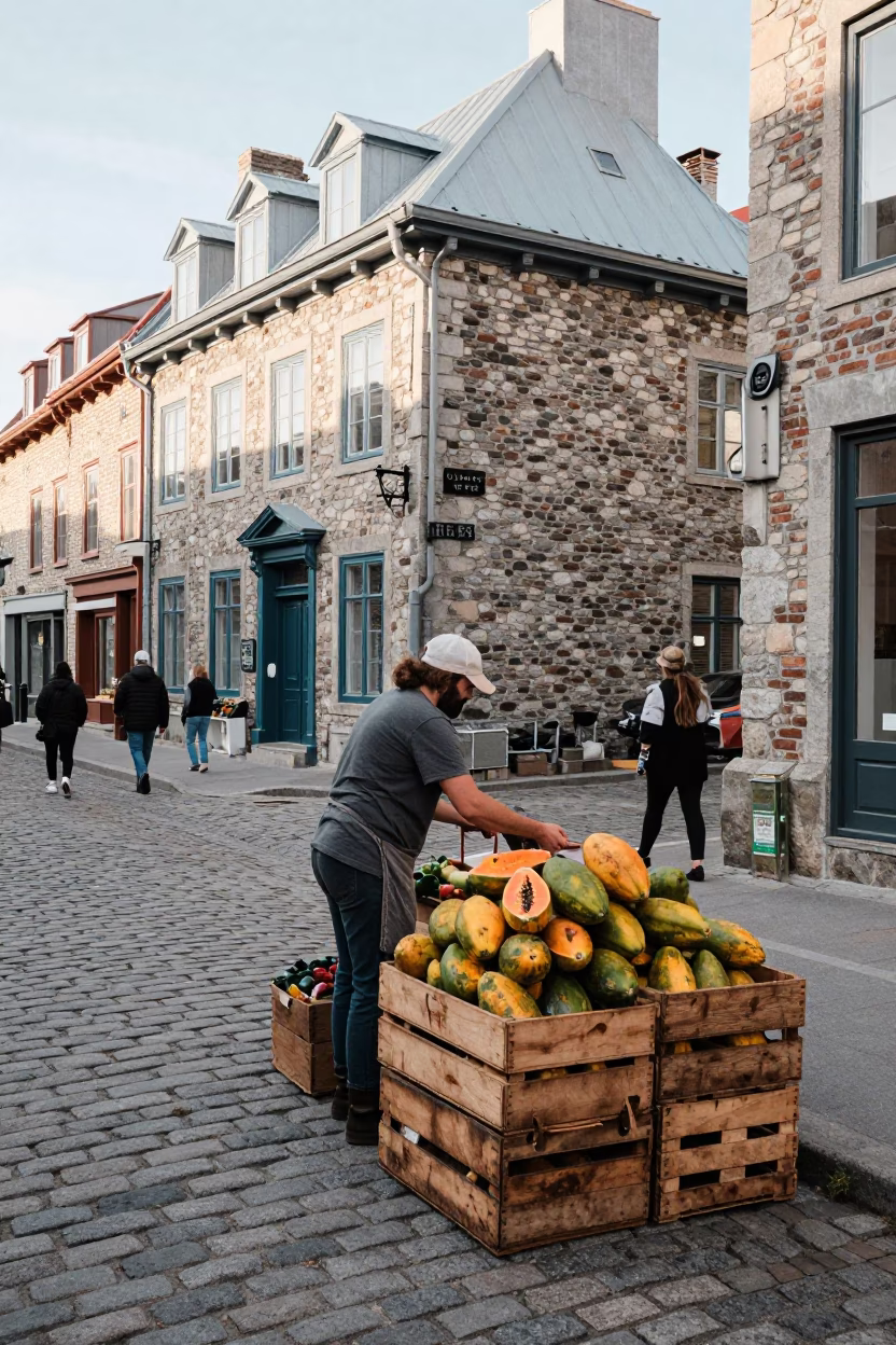 Quebec City Street Scene with Local Market Produce and Everyday Urban Details in in Quebec City, Quebec, Canada