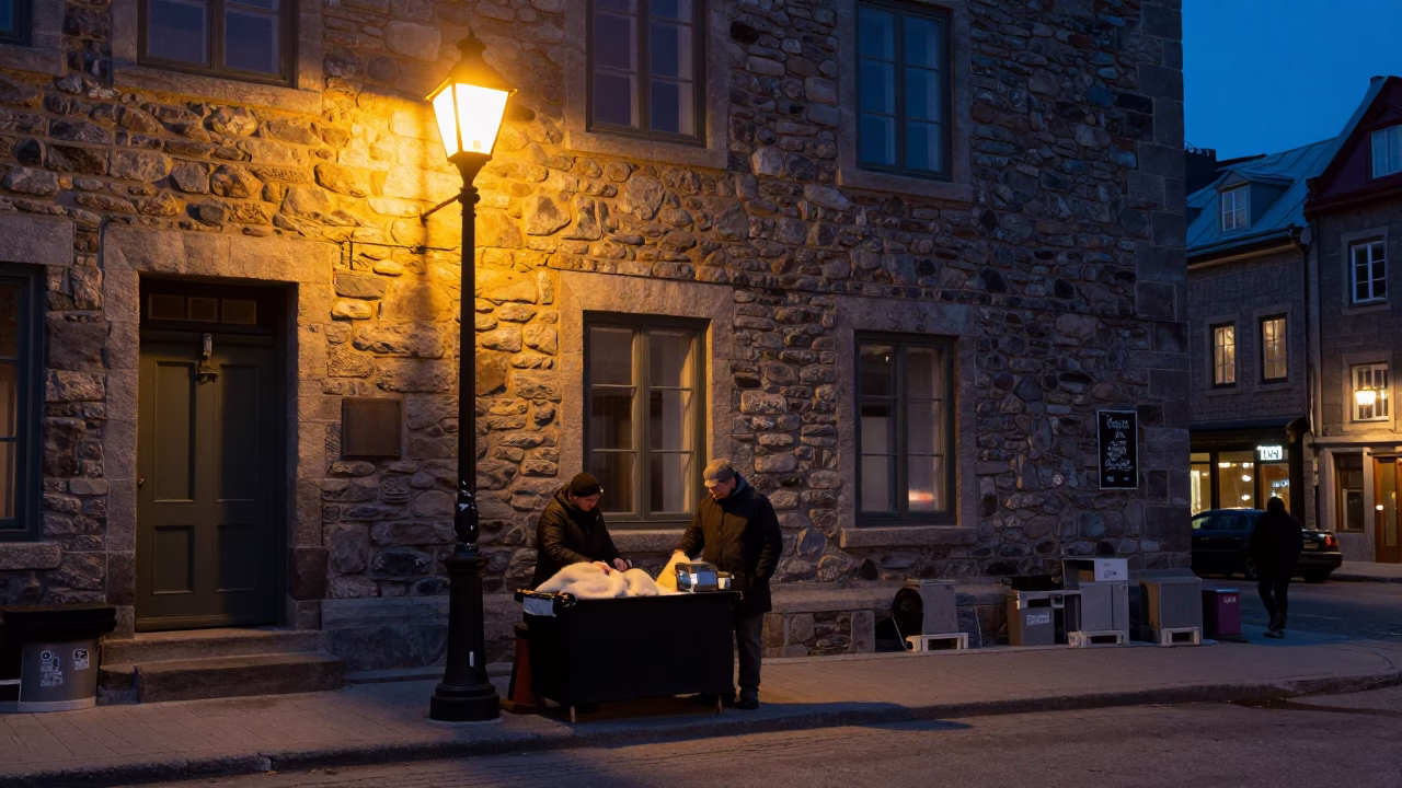Quebec City Street Vendor Warmth in Predawn Darkness with Wool Scarves in in Quebec City, Quebec, Canada