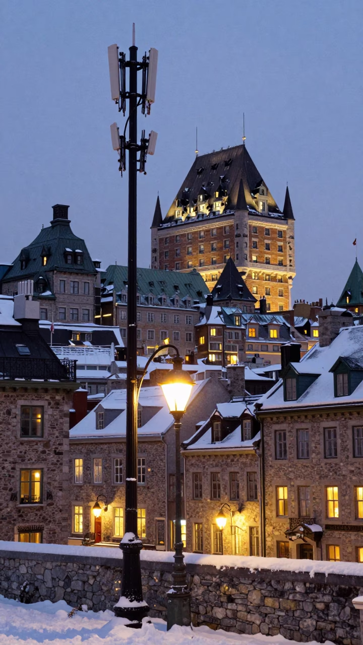 Quebec City Streetlights Glow at Dusk with Telecommunication Mast Beacon and Snow in in Quebec City, Quebec, Canada