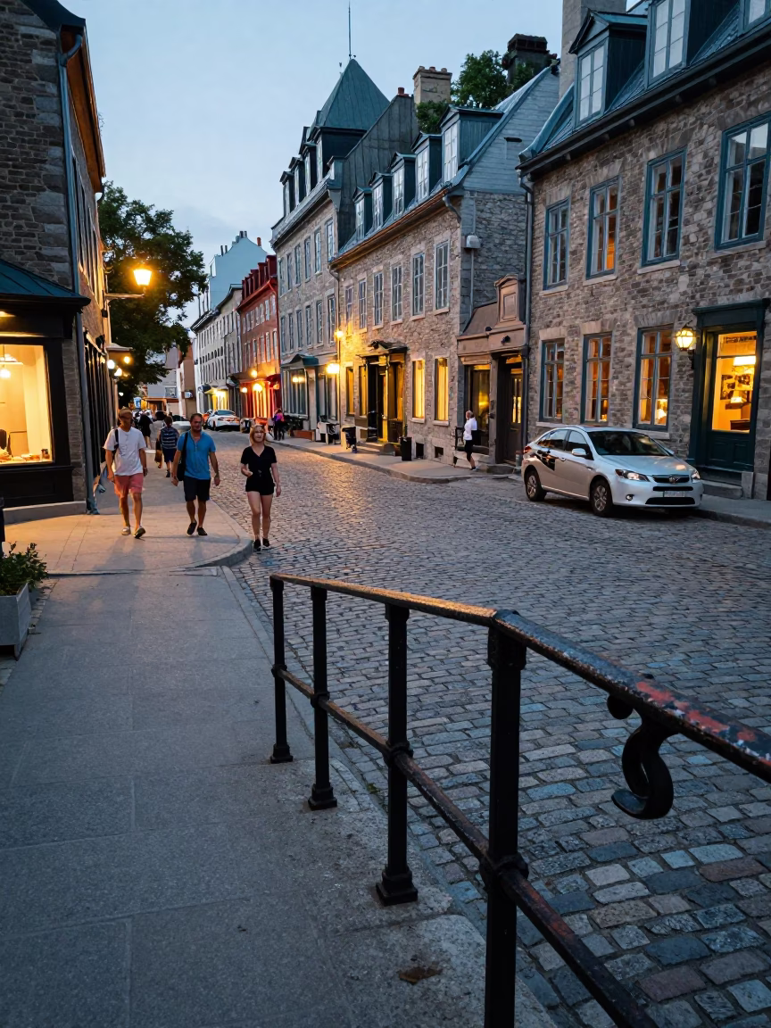 Quebec City Summer Evening Street Scene with Stair Rail and Pedestrians in in Quebec City, Quebec, Canada