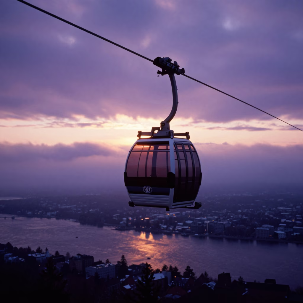 Quebec City Sunset Aerial Tramway Gondola Above Morning Fog in in Quebec City, Quebec, Canada