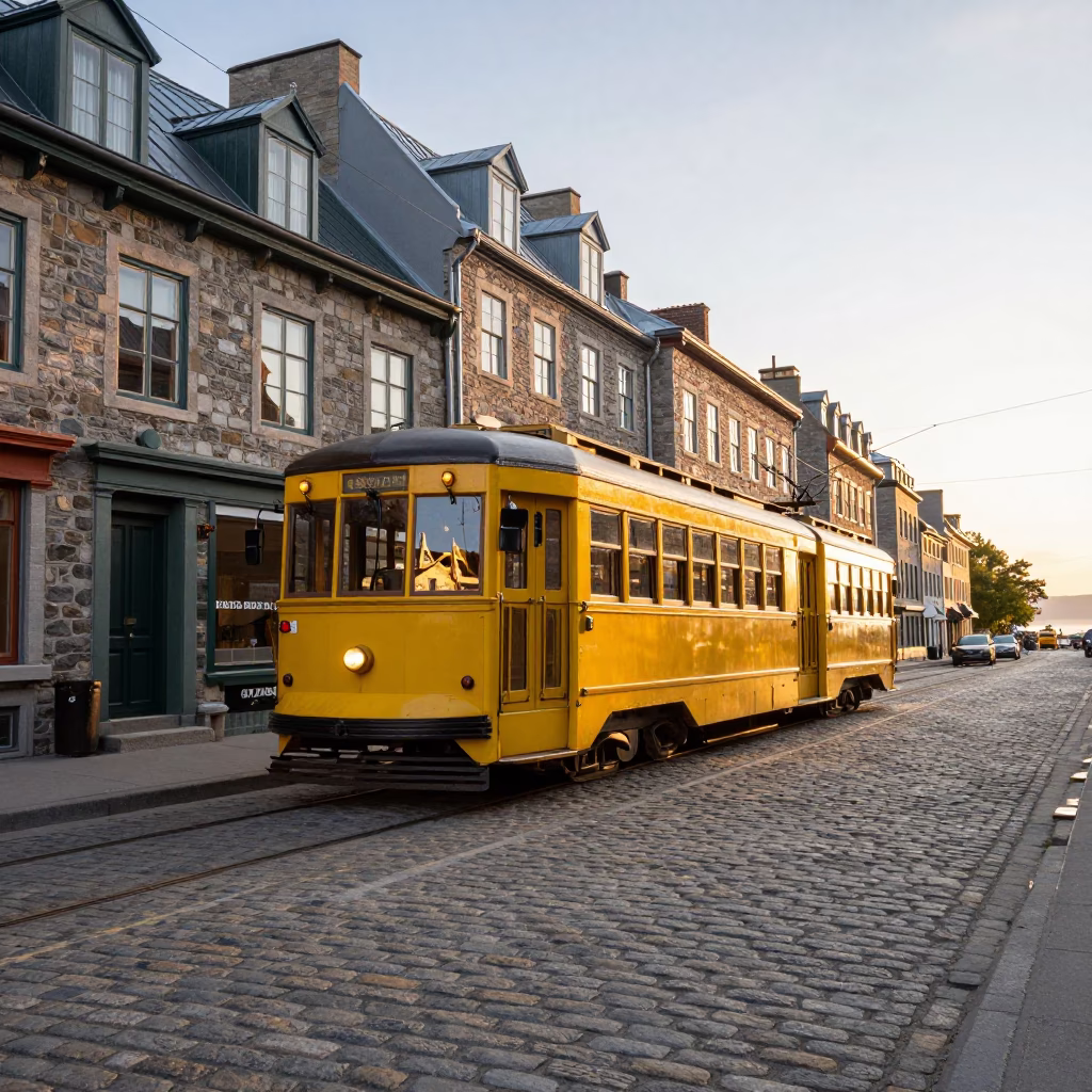Quebec City Sunset Heritage Tram Crossing Old Port Cobblestone Streets in in Quebec City, Quebec, Canada