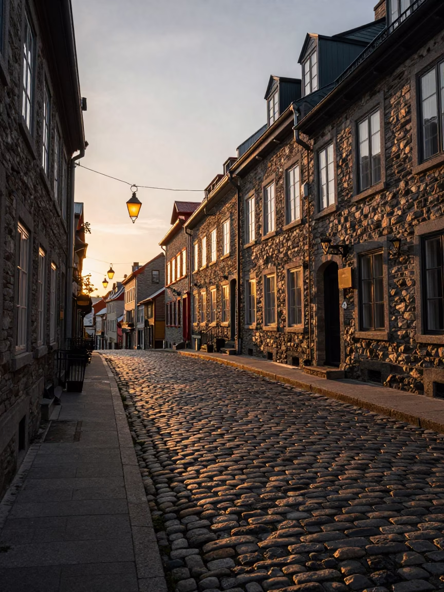 Quebec City Sunset Lanterns Along Cobblestone Rue Saint-Louis in Historic Quebec in in Quebec City, Quebec, Canada
