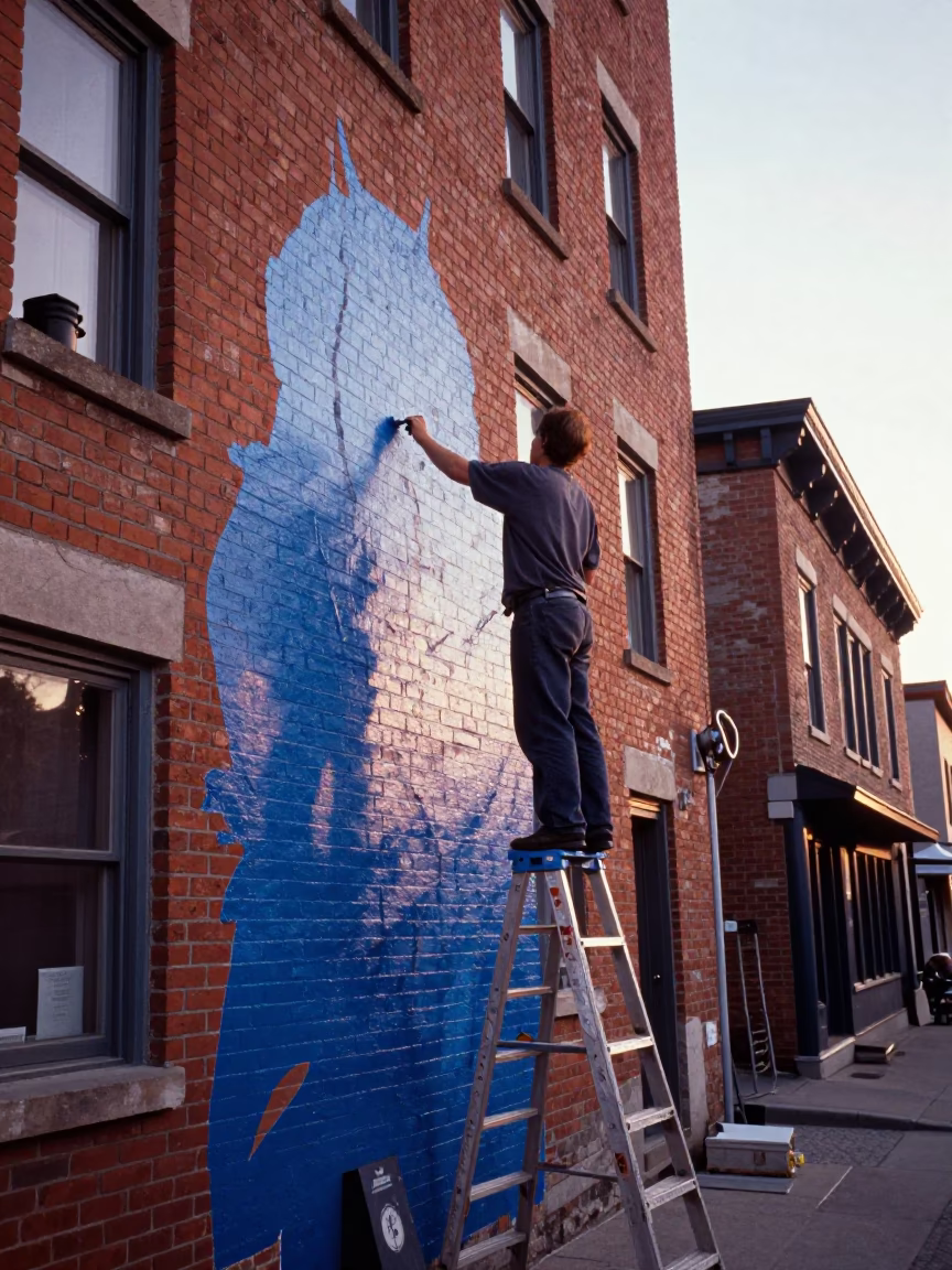 Quebec City Sunset Street Mural Artist Painting Brick Wall in in Quebec City, Quebec, Canada