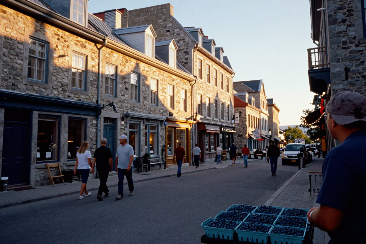 Quebec City Sunset Street Scene with Blueberries and Local Life in in Quebec City, Quebec, Canada