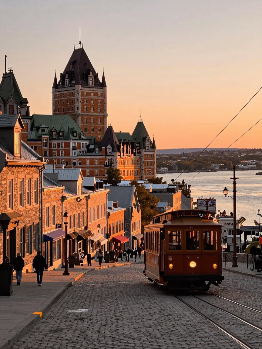 Quebec City Sunset Street Scene with Cable Car and River Valley Views in in Quebec City, Quebec, Canada