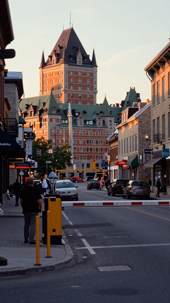 Quebec City Sunset Street Scene with Construction Elevator Gate and Rebar Bundles in in Quebec City, Quebec, Canada