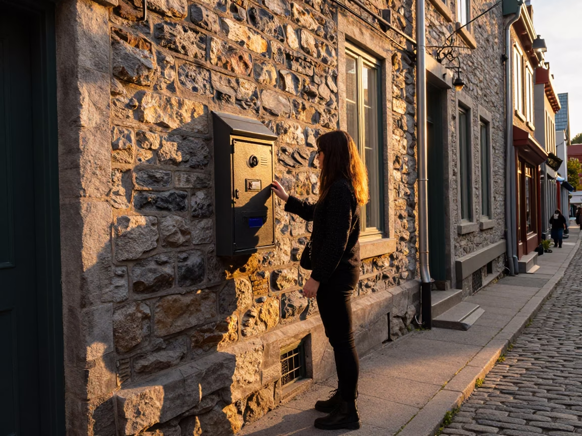 Quebec City Sunset Street Scene with Lockbox and Cobalt Liquid in in Quebec City, Quebec, Canada
