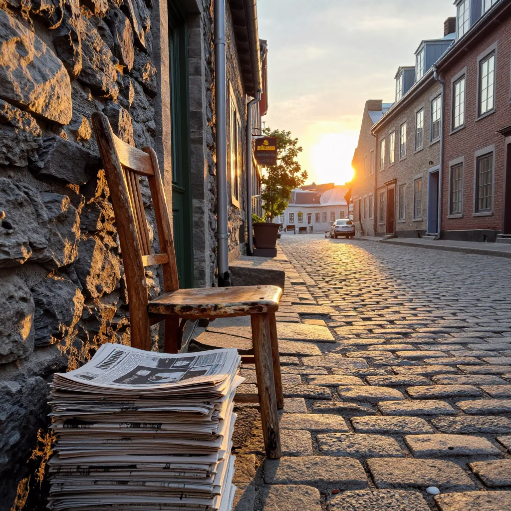 Quebec City Sunset Street Scene with Newspaper Stack and Worn Chair in in Quebec City, Quebec, Canada
