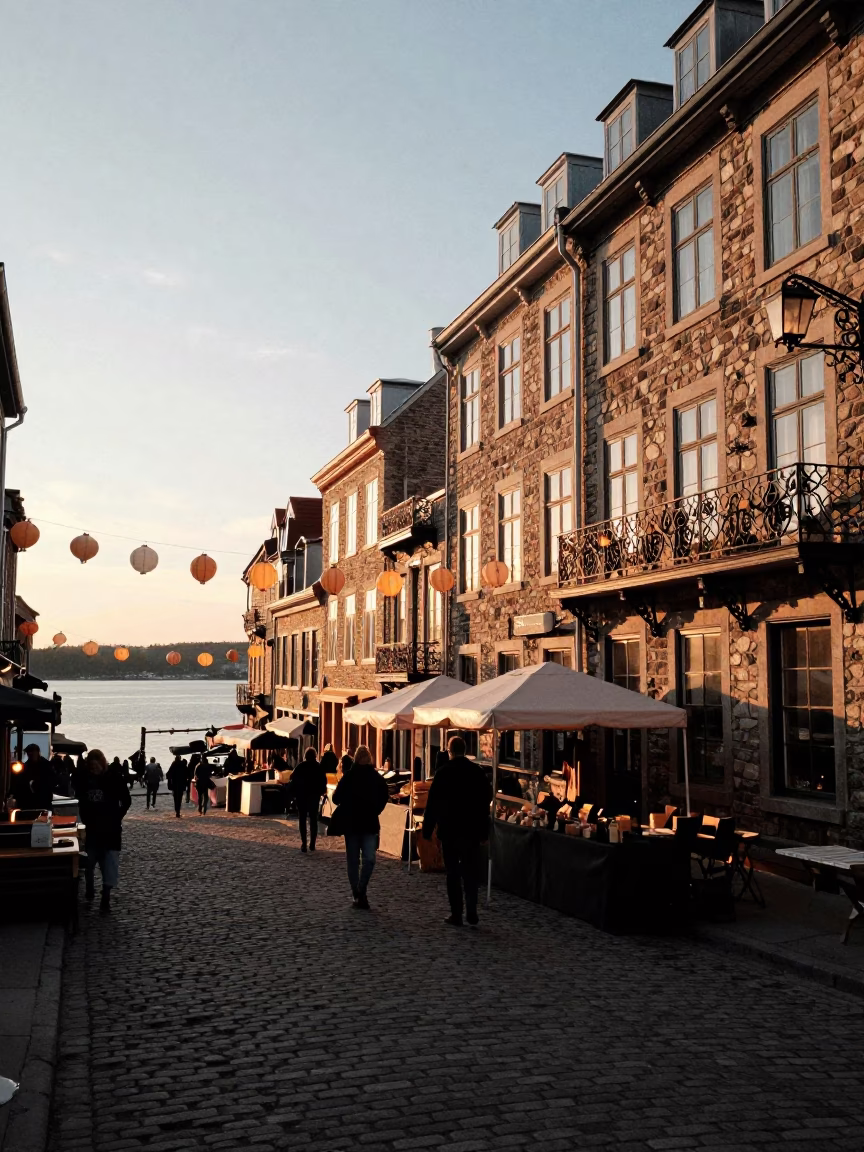 Quebec City Sunset Street Scene with Paper Lanterns and Local Vendors in in Quebec City, Quebec, Canada