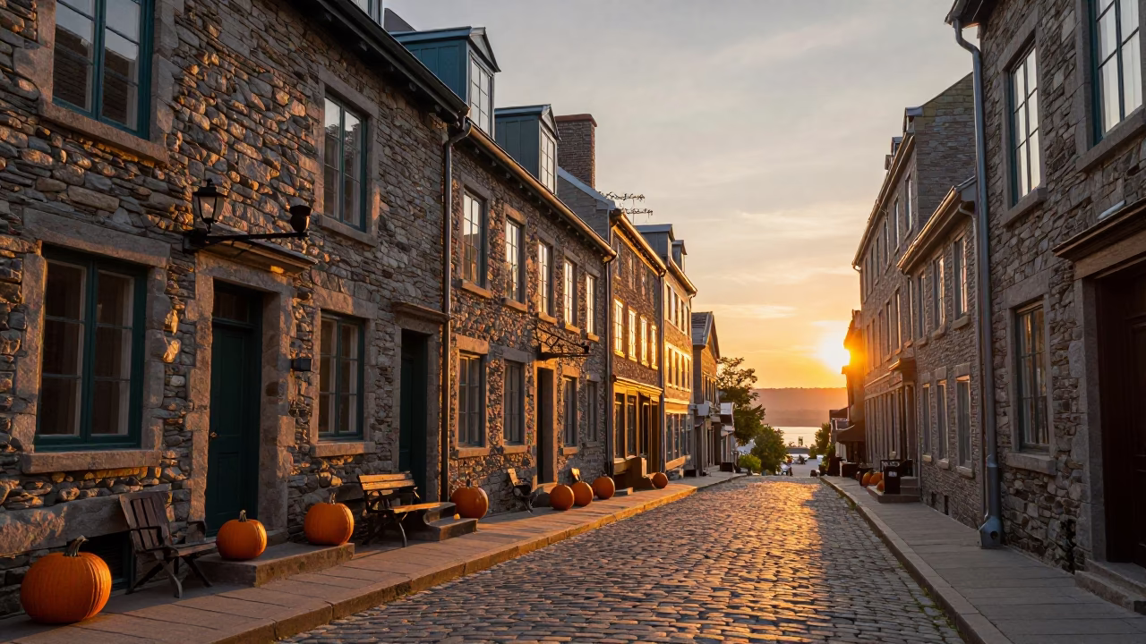 Quebec City Sunset Street Scene with Pumpkin Soup and Vintage 1980s Atmosphere in in Quebec City, Quebec, Canada