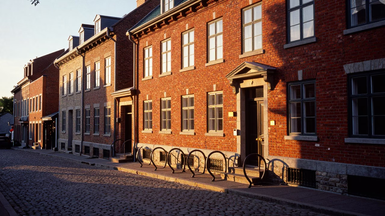 Quebec City Sunset Street Scene with Red Brick Architecture and Bicycle Rack in in Quebec City, Quebec, Canada