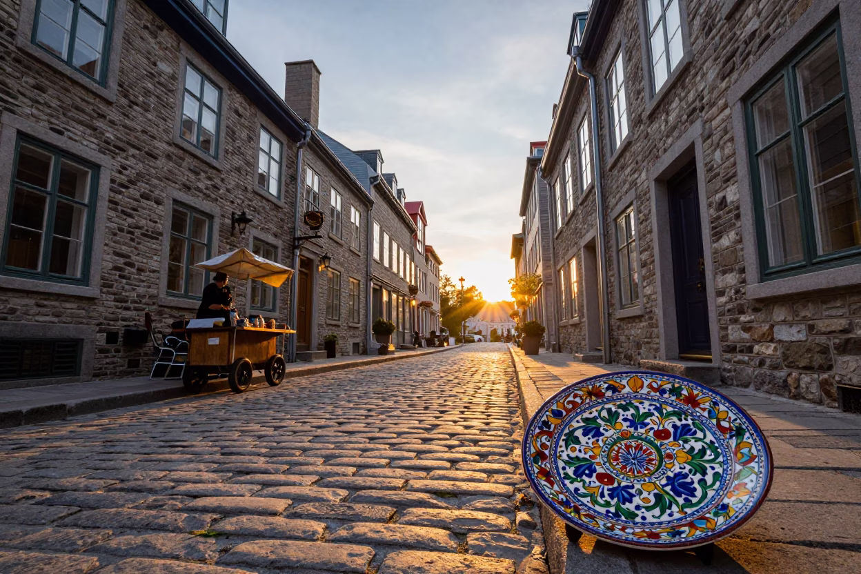 Quebec City Sunset Street Scene with Vintage Majolica Plate and Terracotta Pot in in Quebec City, Quebec, Canada