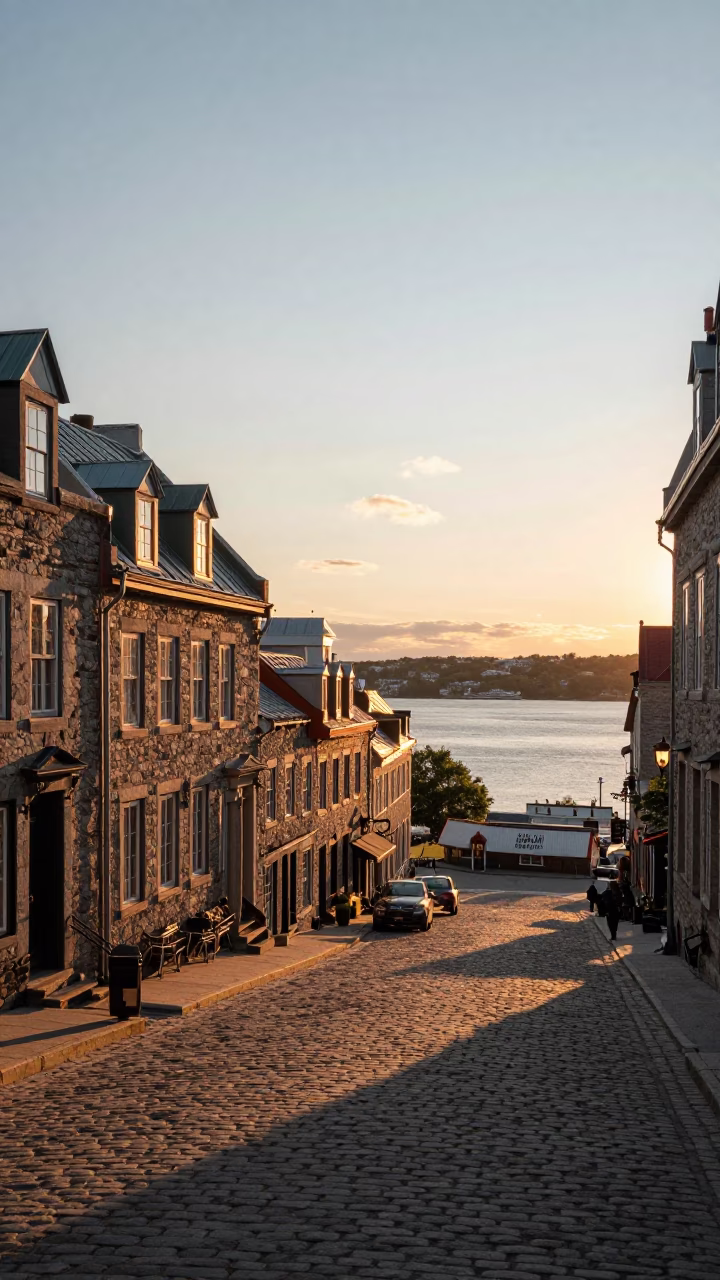Quebec City Sunset View of Old Port and Historic Stone Architecture in in Quebec City, Quebec, Canada