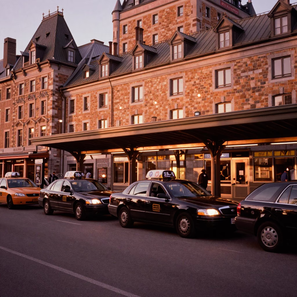 Quebec City Taxi Rank Outside Train Station in Copper Toned Dusk Light in in Quebec City, Quebec, Canada