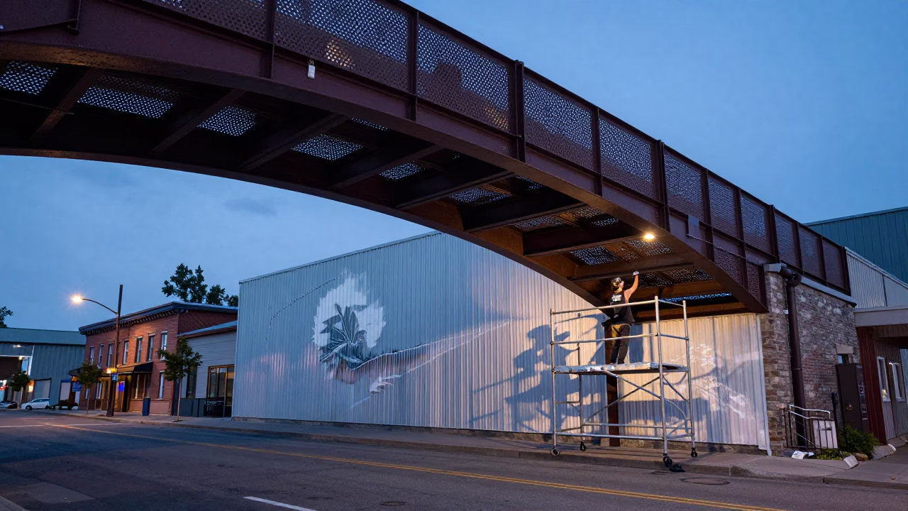 Quebec City twilight street mural artist painting perforated metal overpass wet pavement in in Quebec City, Quebec, Canada