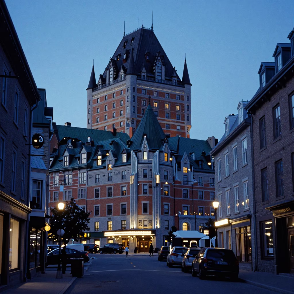 Quebec City Twilight Street Scene with Art Deco Hotel Facade and Boxwood Hedges in in Quebec City, Quebec, Canada
