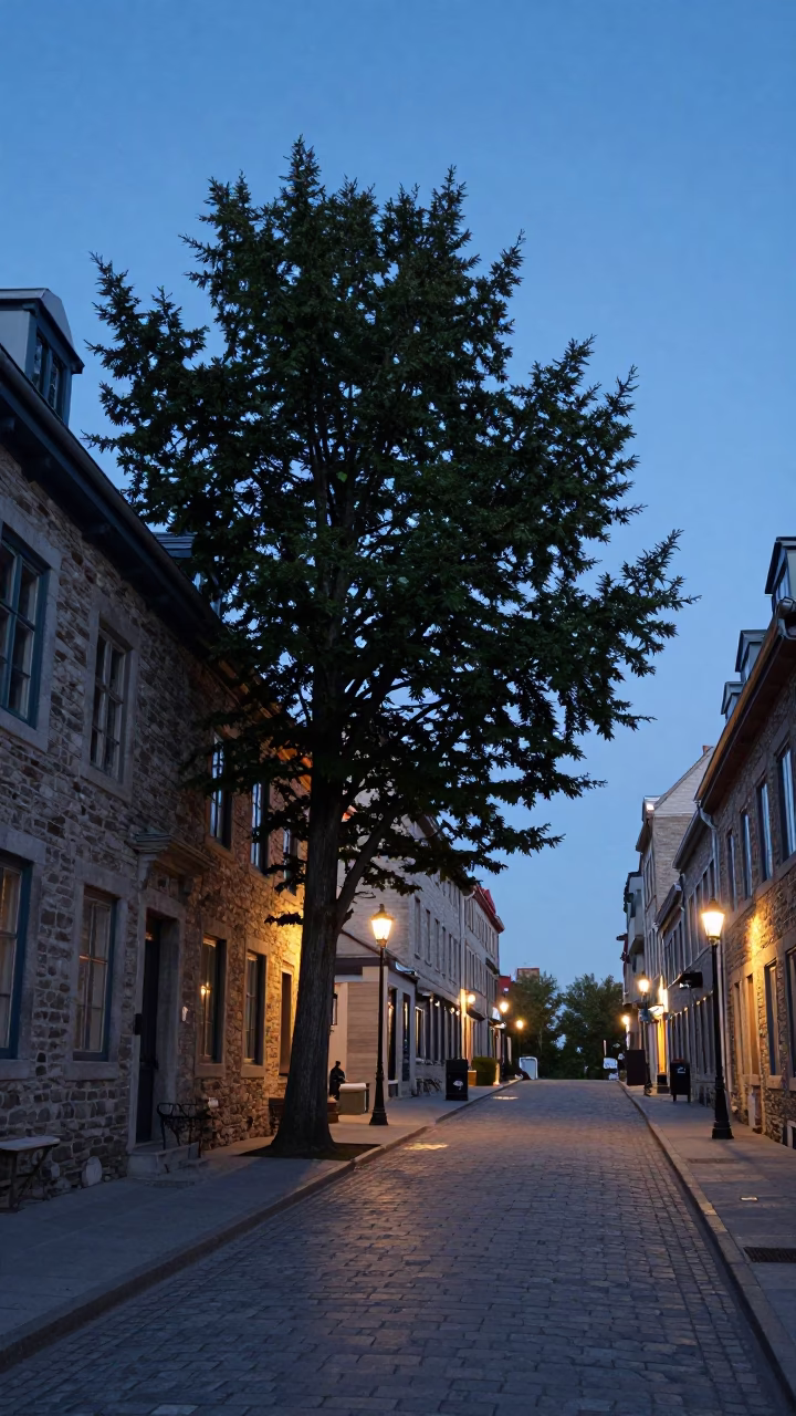 Quebec City Twilight Street Scene with Cedar Trees and Urban Architecture in in Quebec City, Quebec, Canada