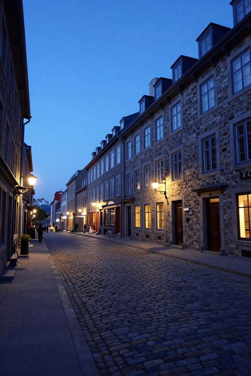 Quebec City Twilight Street Scene with Churros and Cobblestones in in Quebec City, Quebec, Canada