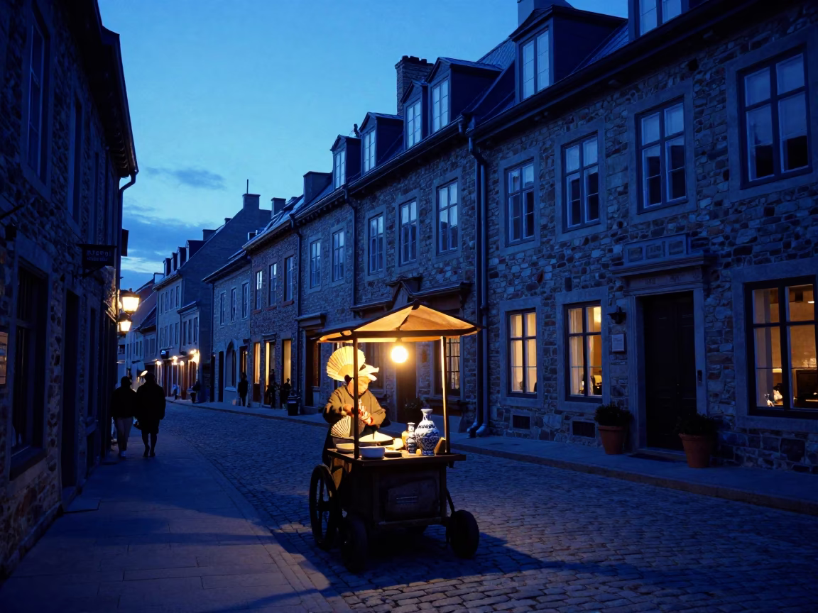 Quebec City Twilight Street Scene with Paper Fan and Ceramic Plate in in Quebec City, Quebec, Canada