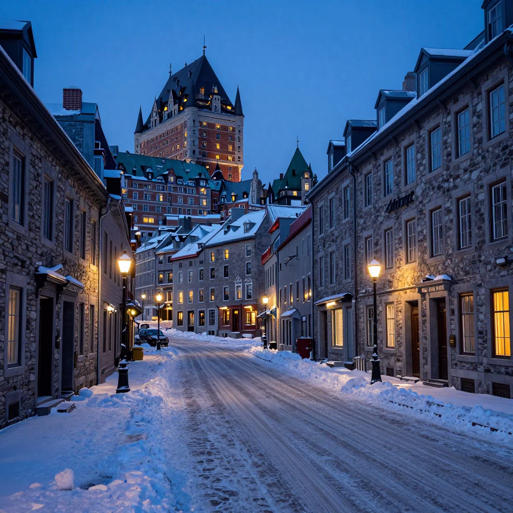Quebec City Twilight Street Scene with Snow and Historic Stone Architecture in in Quebec City, Quebec, Canada