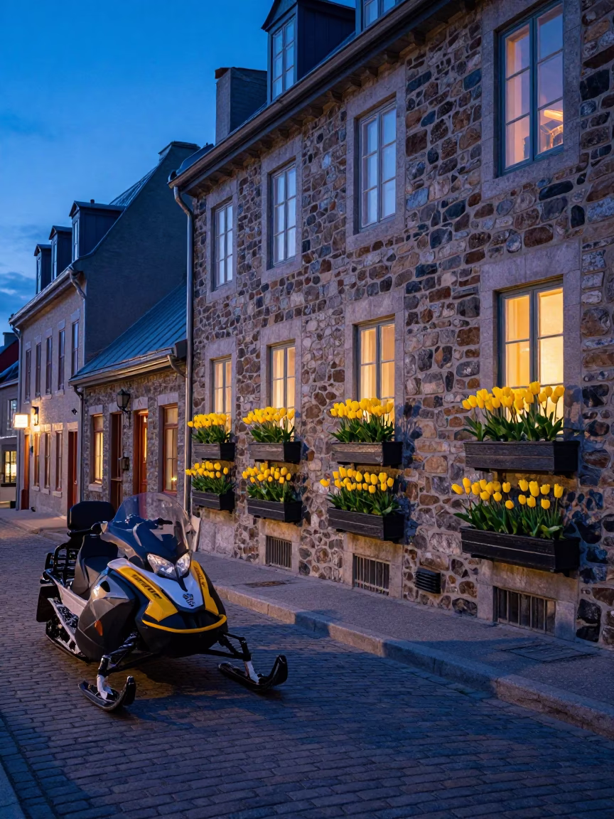 Quebec City Twilight Street Scene with Tulips and Snowmobile in in Quebec City, Quebec, Canada