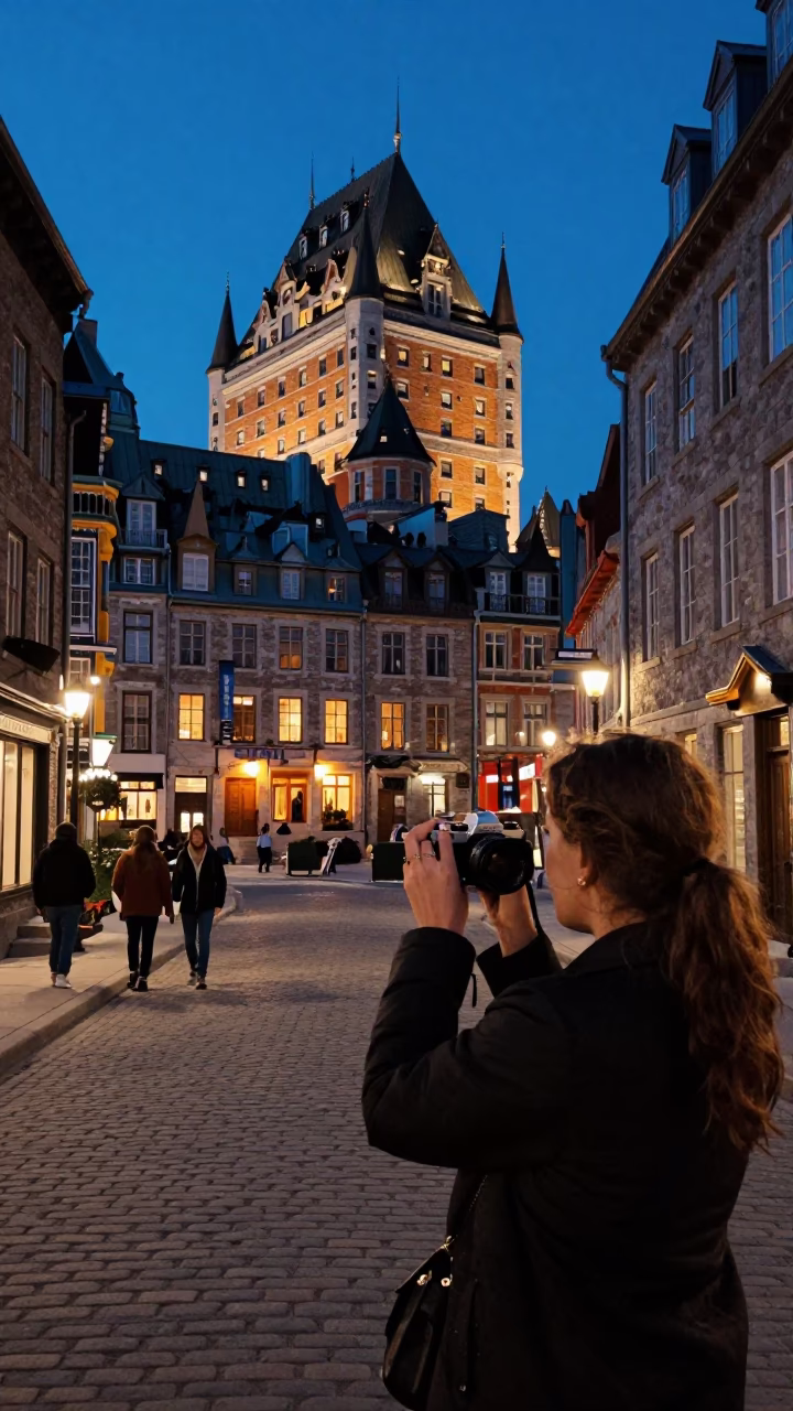 Quebec City Twilight Street Scene with Vintage 1990s Aesthetic and Local Details in in Quebec City, Quebec, Canada