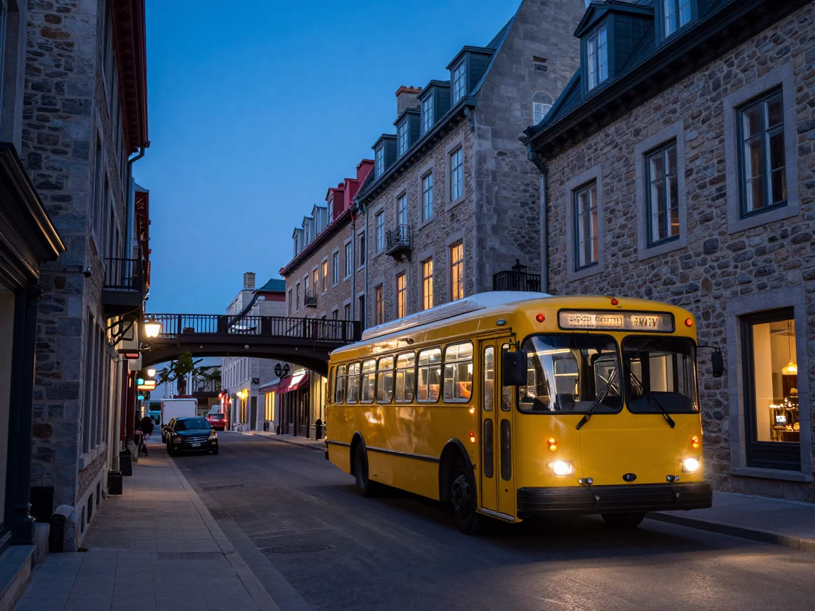 Quebec City Twilight Street Scene with Vintage Bus and Bridge Maintenance Cage in in Quebec City, Quebec, Canada