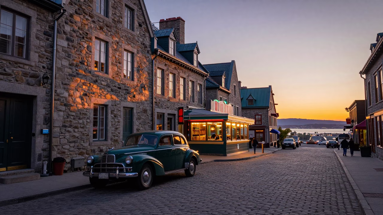 Quebec City twilight street scene with vintage car and local dining ambiance in in Quebec City, Quebec, Canada