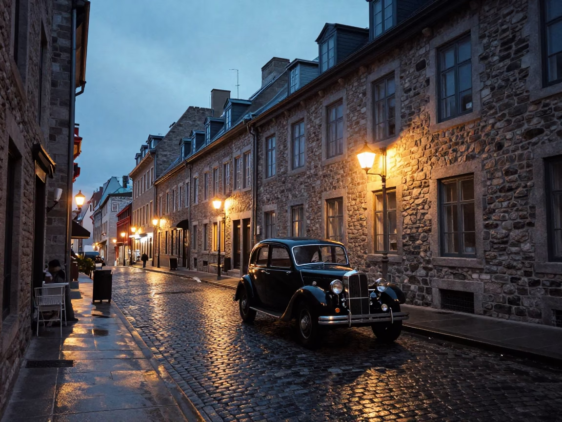 Quebec City Twilight Street Scene with Vintage Car and Stone Architecture in in Quebec City, Quebec, Canada