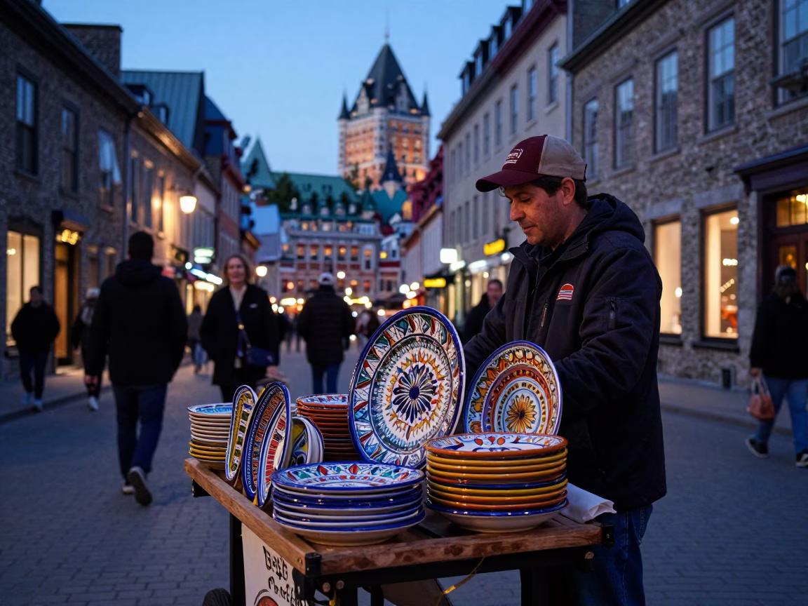 Quebec City Twilight Street Scene with Vintage Majolica Plate and Urban Atmosphere in in Quebec City, Quebec, Canada