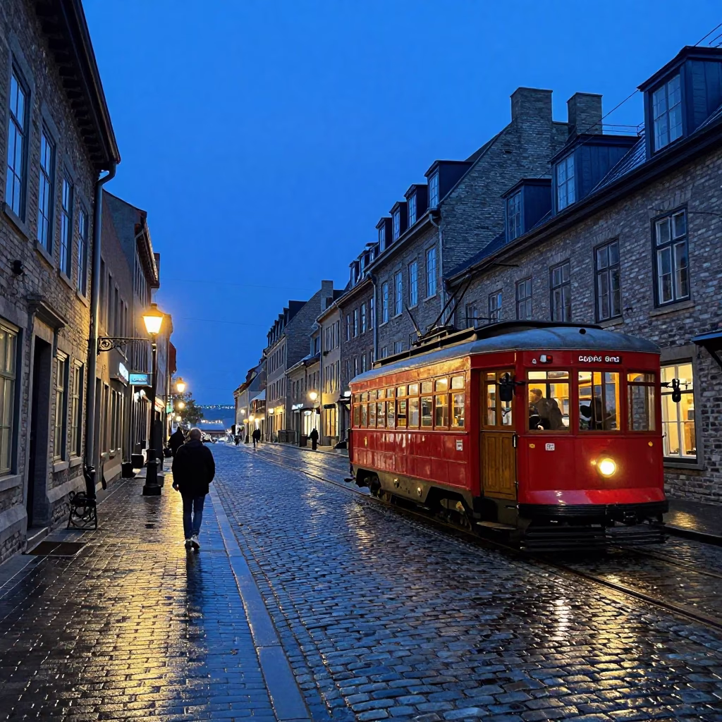 Quebec City Twilight Street Scene with Vintage Tram and Cobblestone Architecture in in Quebec City, Quebec, Canada