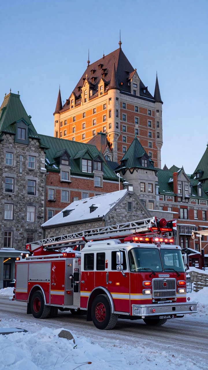 Quebec City Winter Dawn Fire Engine Near Chateau Frontenac in in Quebec City, Quebec, Canada