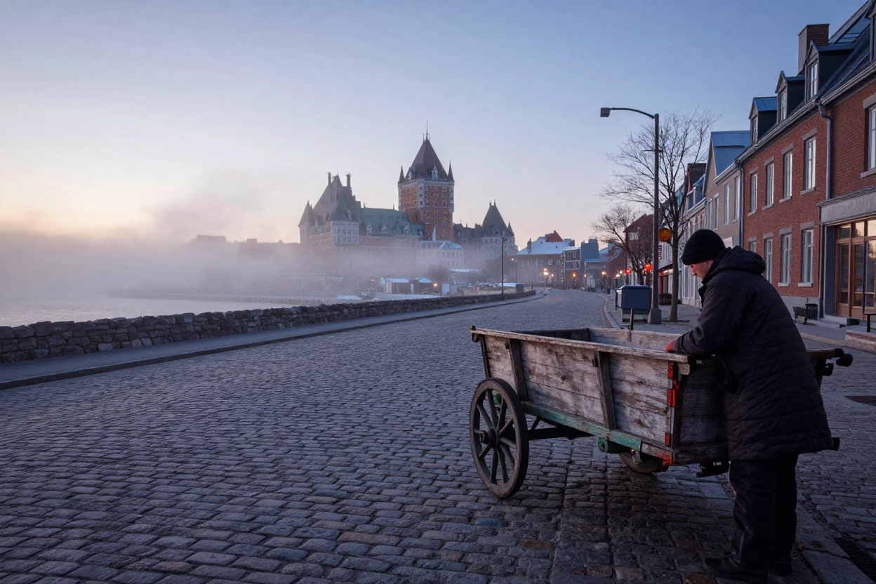 Quebec City Winter Dawn Street Scene with Breakwater Fog and Urban Details in in Quebec City, Quebec, Canada