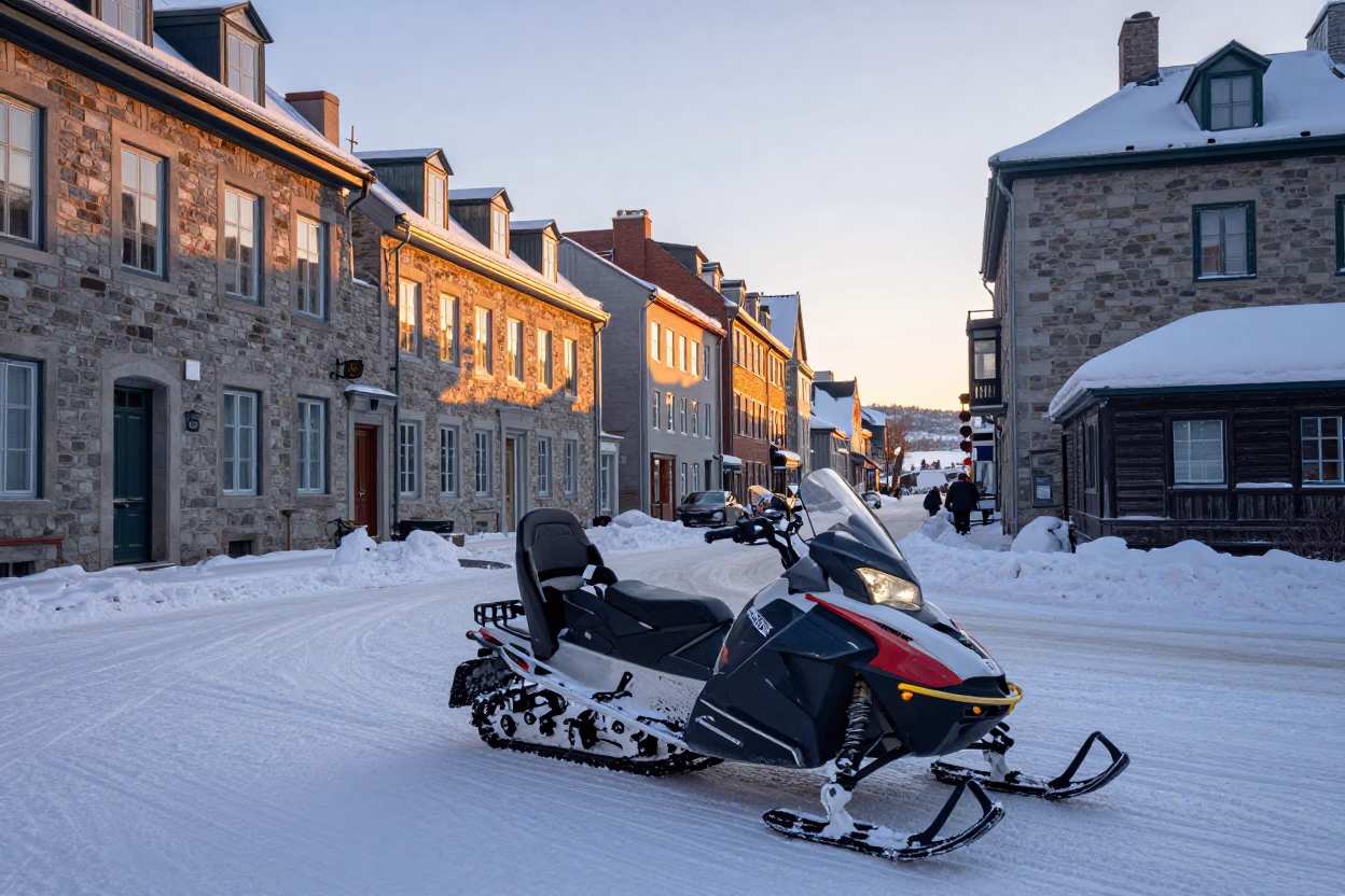 Quebec City Winter Dawn Street Scene with Snowmobile and Frozen River in in Quebec City, Quebec, Canada