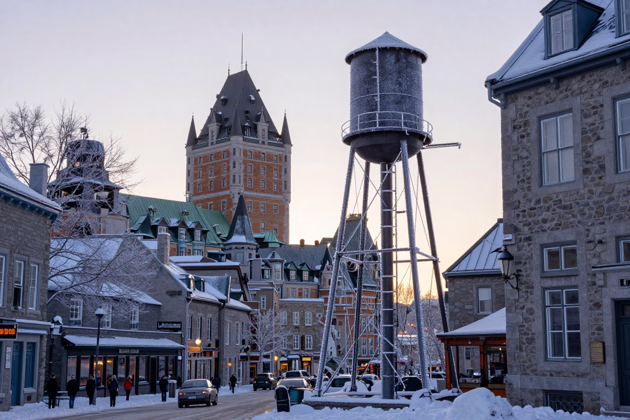 Quebec City Winter Dawn with Frost on Water Tower and Ceramic Cup in in Quebec City, Quebec, Canada