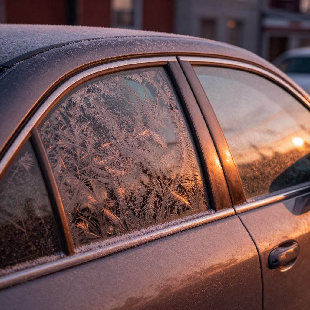 Quebec City Winter Evening Frost Patterns on Car Window and Stone Architecture in in Quebec City, Quebec, Canada
