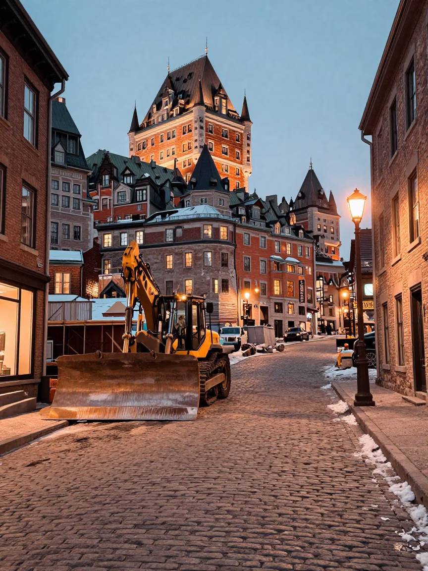 Quebec City Winter Evening Street Scene with Construction Equipment and Icicles in in Quebec City, Quebec, Canada